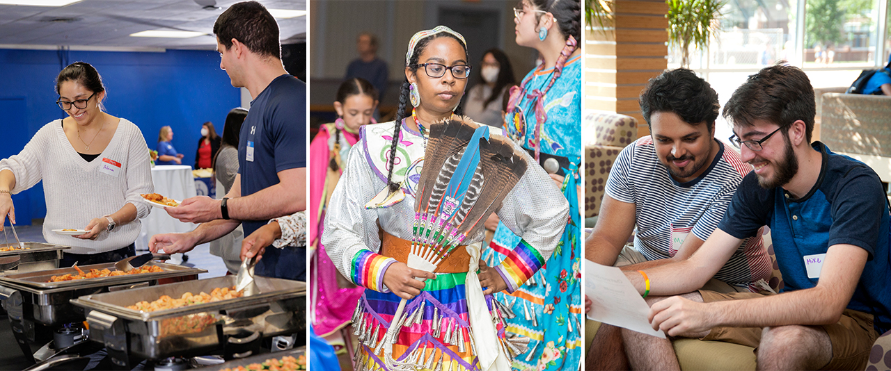 Three-photo collage of students serving food at the First-Gen Welcome Lunch, Native American dancers at the Inter-Tribal Powwow and two male students sitting together at the SDI Welcome 
