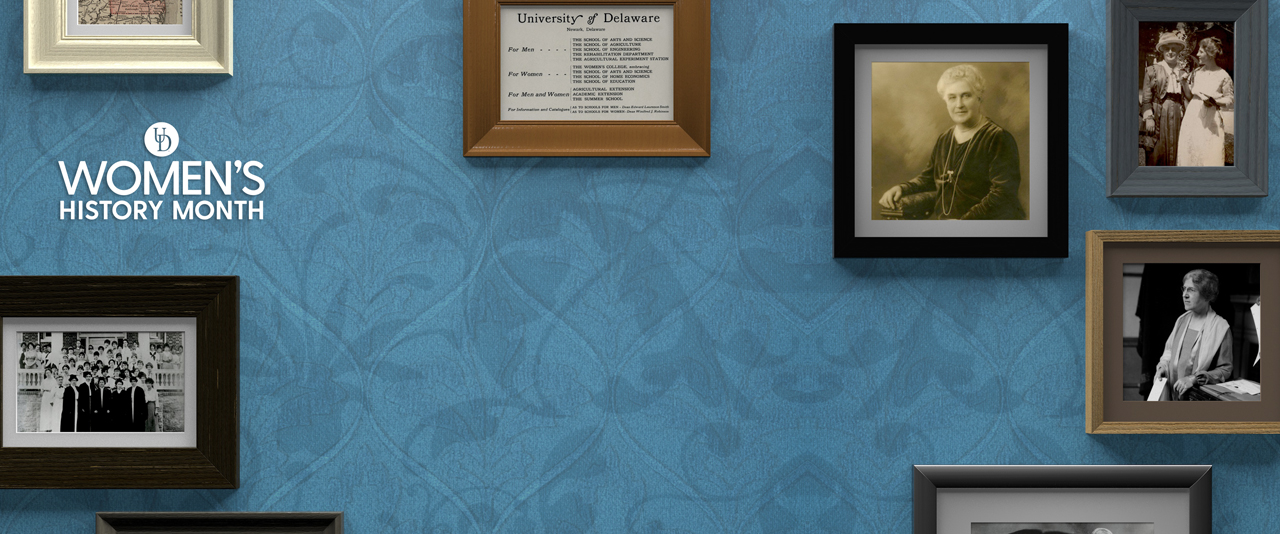 Decorative blue wallpaper background with picture frames of historical women
