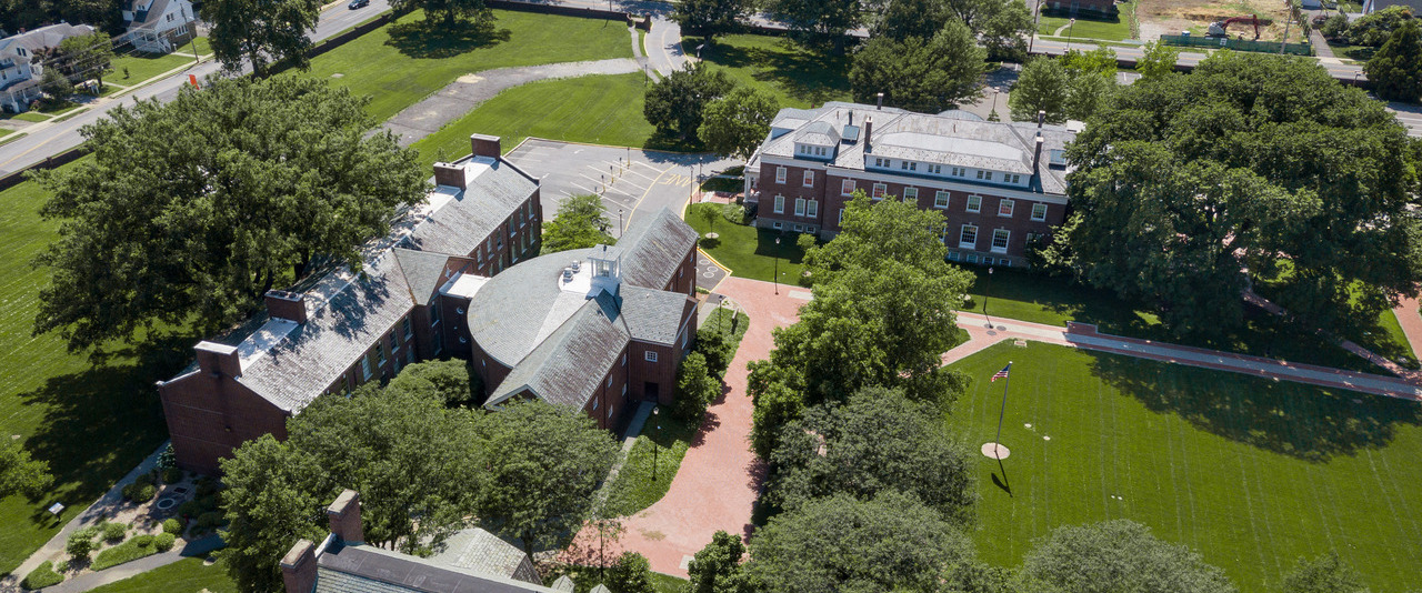 Aerial view of Laurel Hall and Warner Hall on the South Green