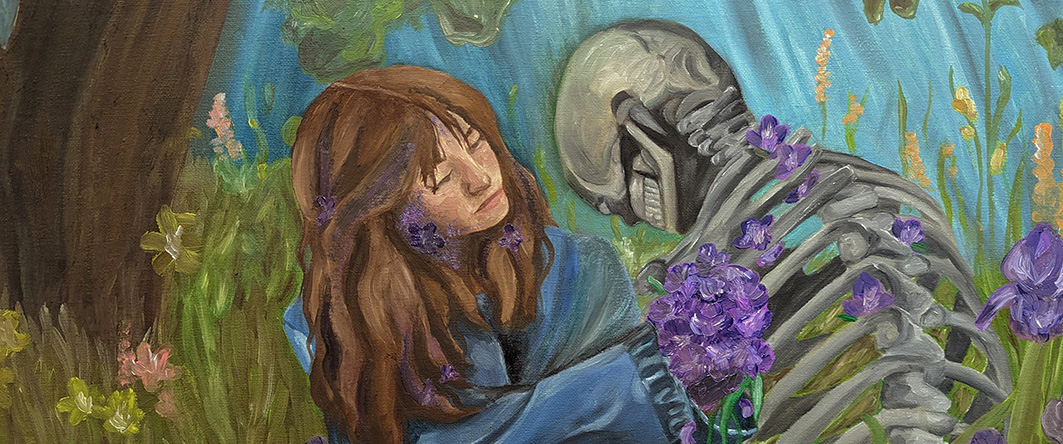 An oil painting of a woman putting flowers onto a skeleton while sitting in a field of irises in the forest
