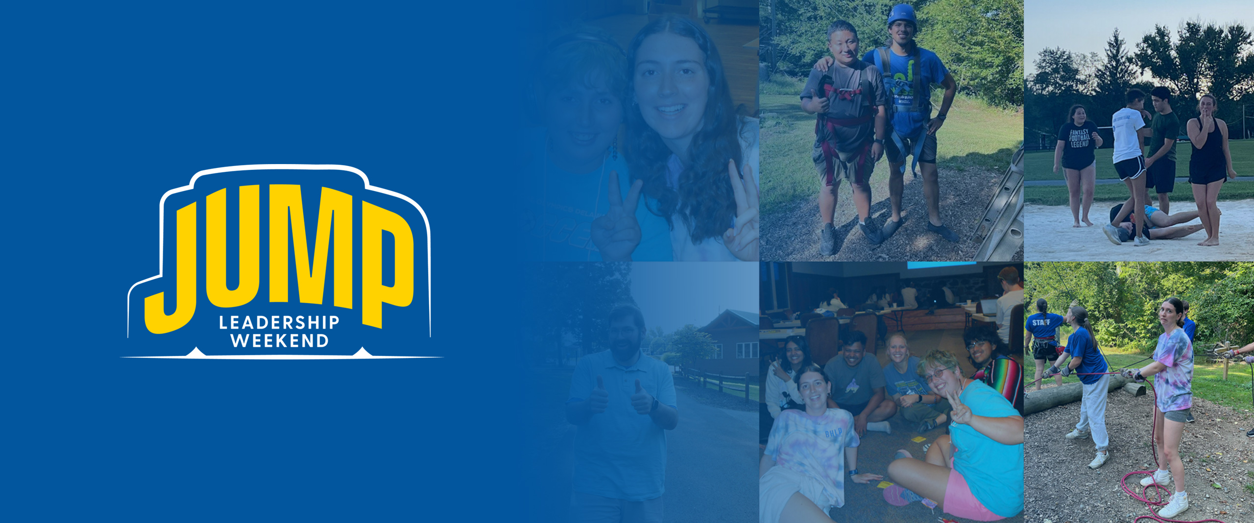 a collage of photos from JUMP leadership weekend, showing students smiling for pictures and enjoying outdoor activities