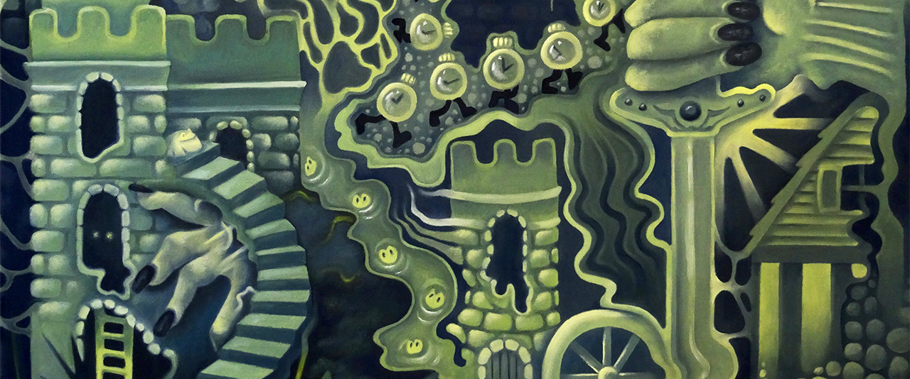 Painted collage of distorted imagery, including a castle, banners, marching clocks, a reptilian eye, a hand with sword and mountains with faces; all in shades of green