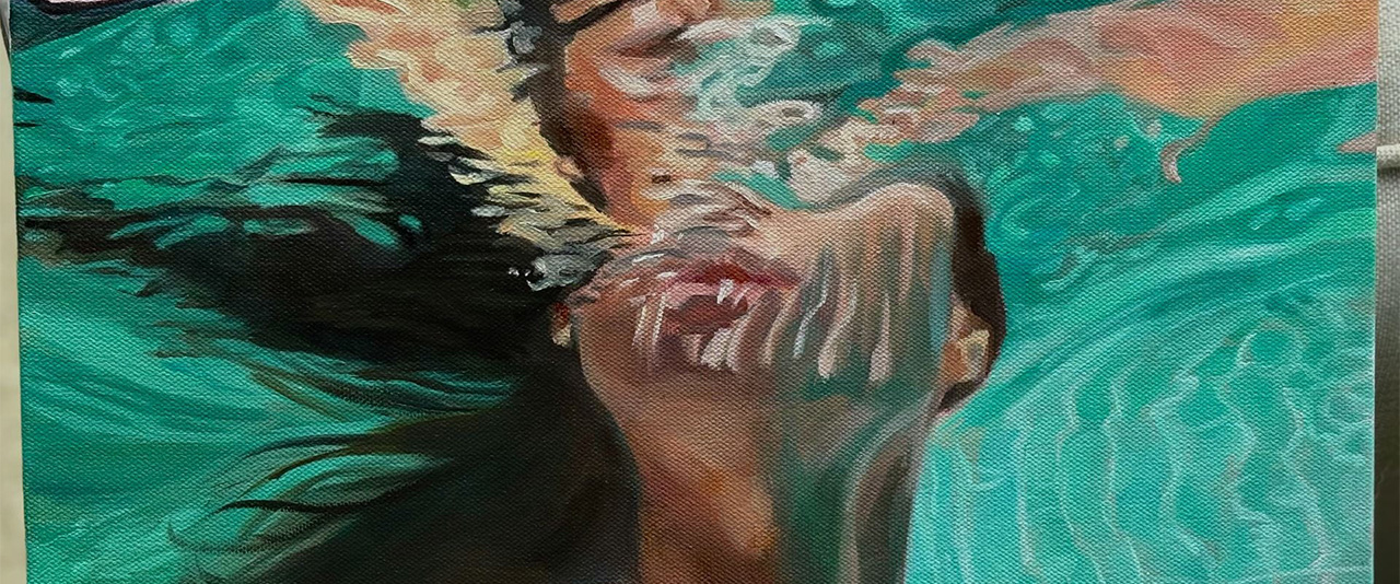 Oil painting of a woman partially underwater; her face distorted in the water's reflections above her