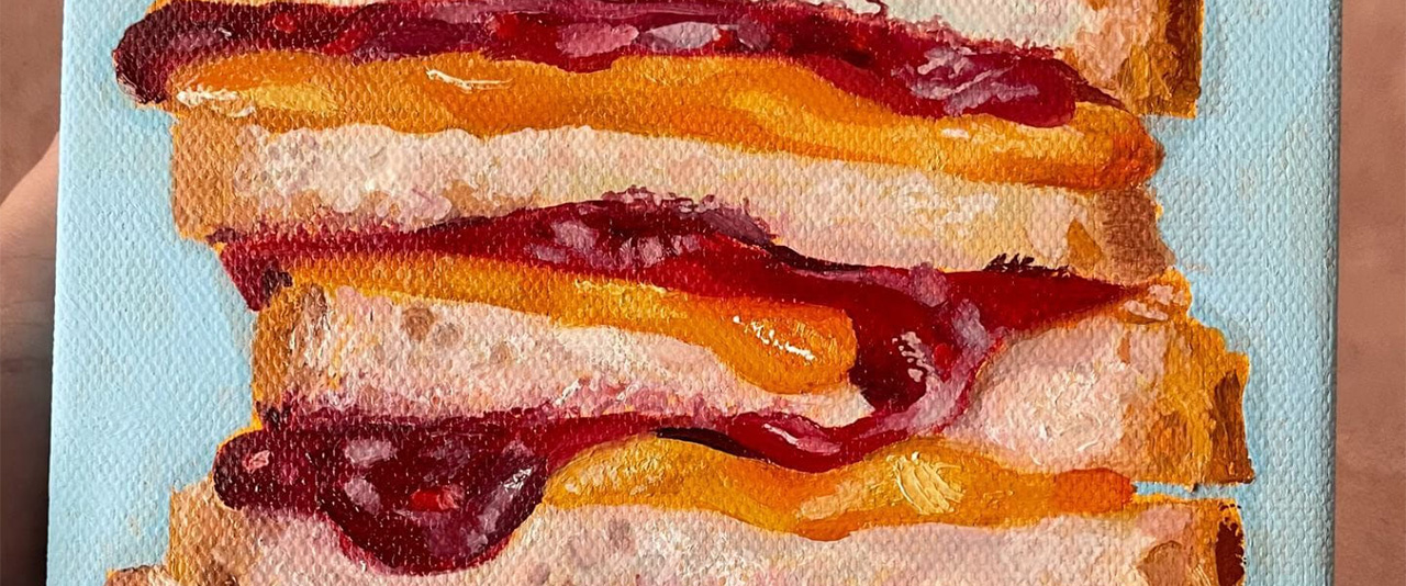 Painting of a stack of sandwiches oozing with peanut butter and jelly