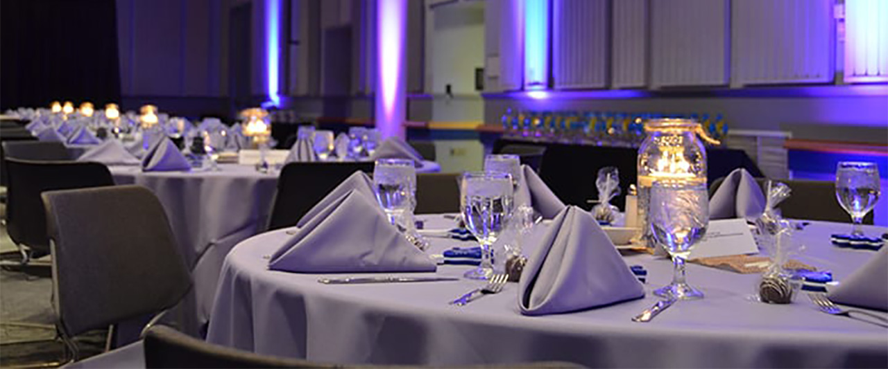 Formal dining setup in the Trabant Multipurpose Room
