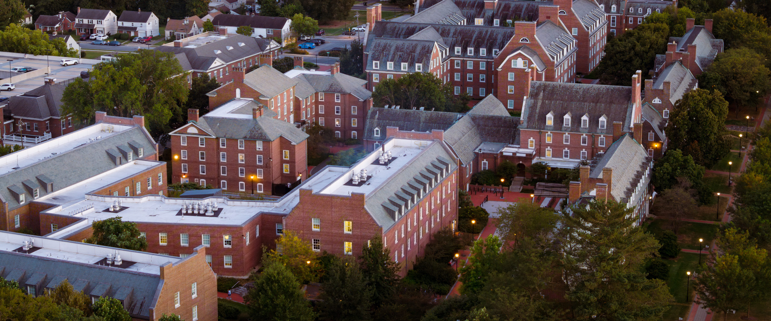 aerial view of University of Delaware residence halls and academic buildings on central campus