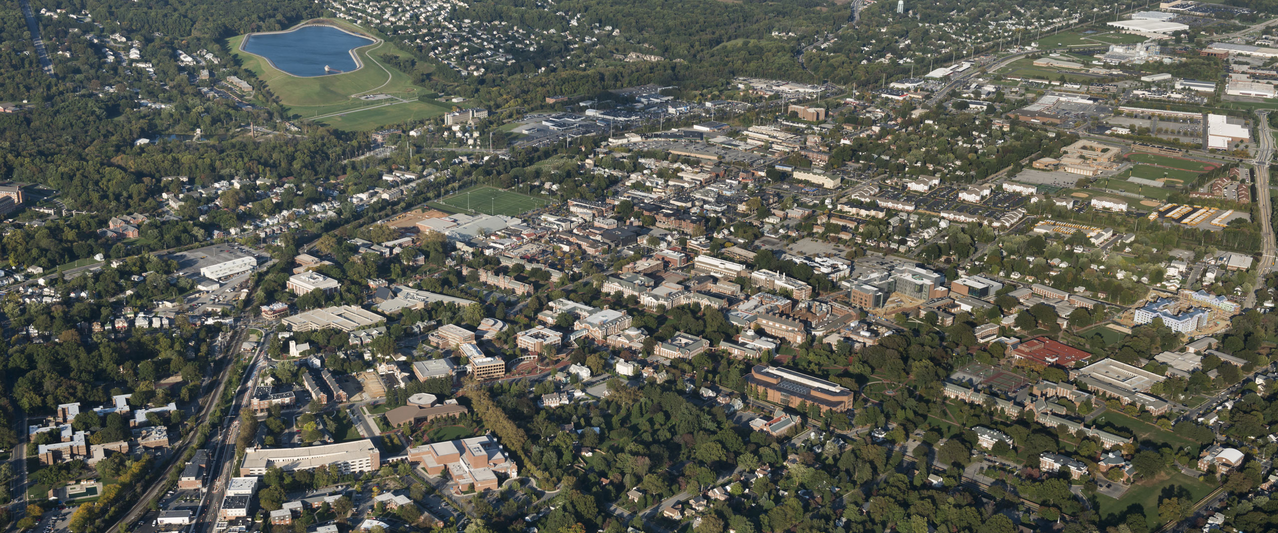 aerial view of University of Delaware campus and surrounding Newark, DE area.