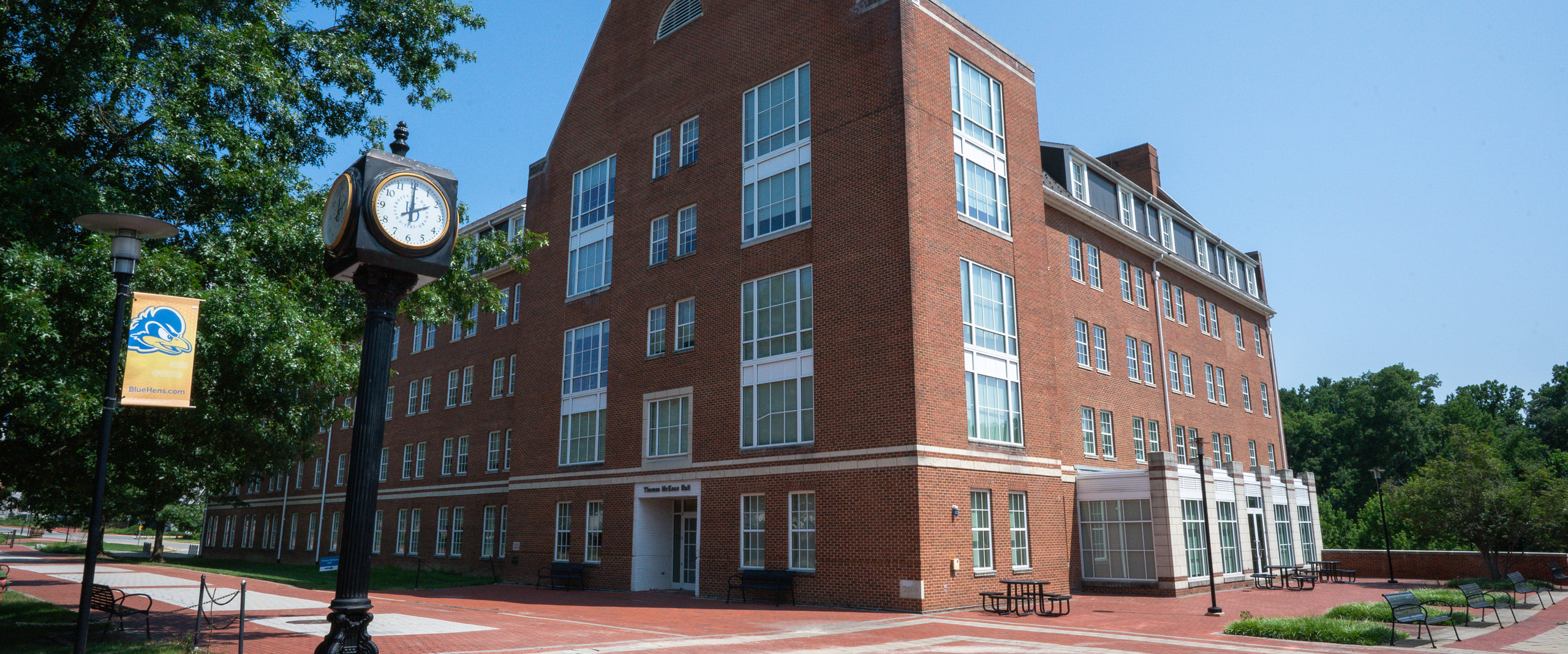 exterior view of Thomas McKean residence hall on University of Delaware's Laird Campus.