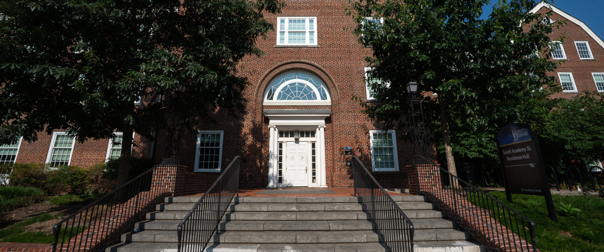 exterior view of South Academy residence hall on University of Delaware's south central campus.