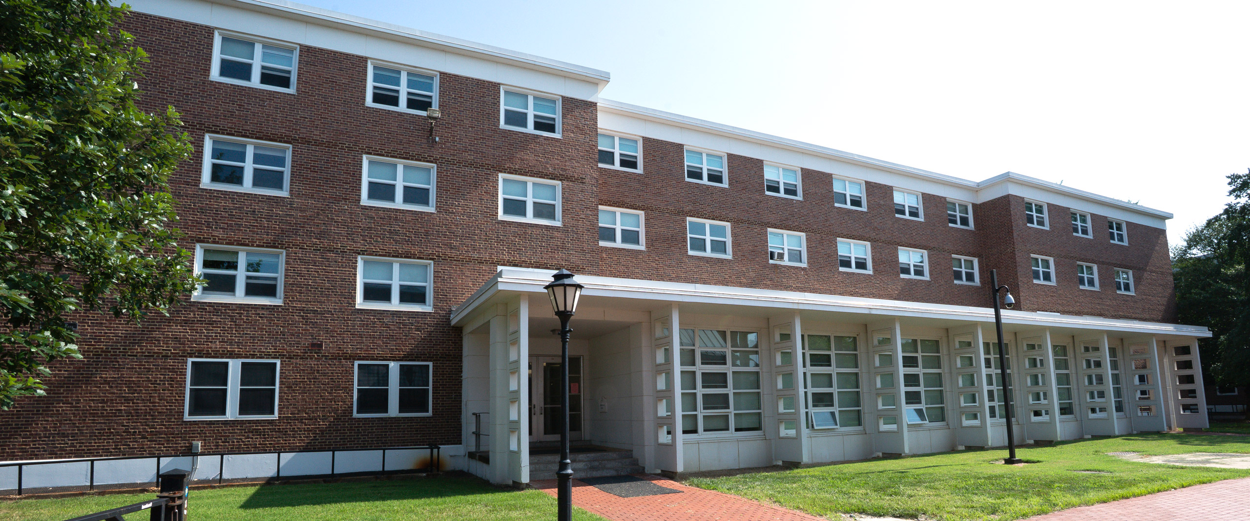 exterior view of Thompson residence hall on University of Delaware's east campus.