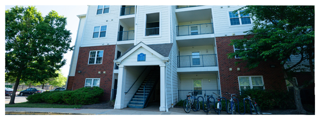 exterior view of University Courtyard Apartments on University of Delaware's campus.