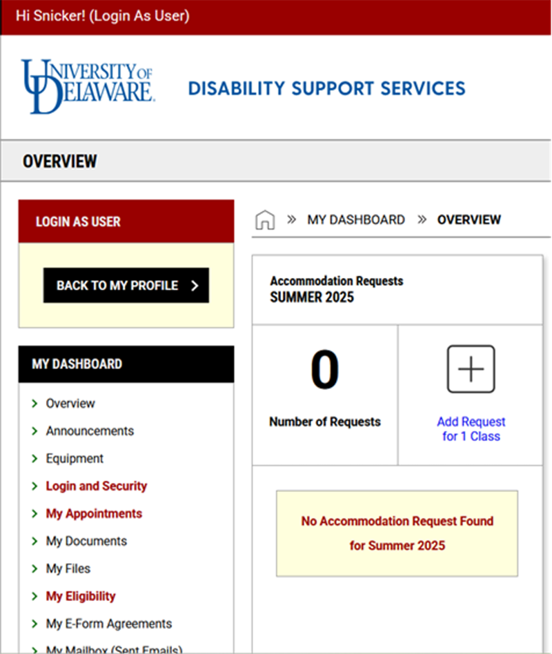 Screenshot of DSS Portal Accommodations Dashboard with 'Add Request for 1 Class' icon on right