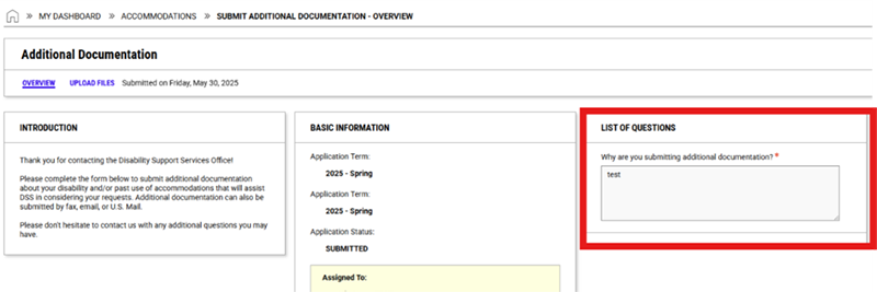 screenshot of Additional Documentation page in portal with List of Questions text entry field outlined in red on the right side