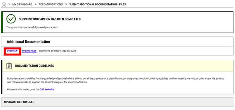 screenshot of Additional Documentation page in portal with Overview tab outlined in red under the success message