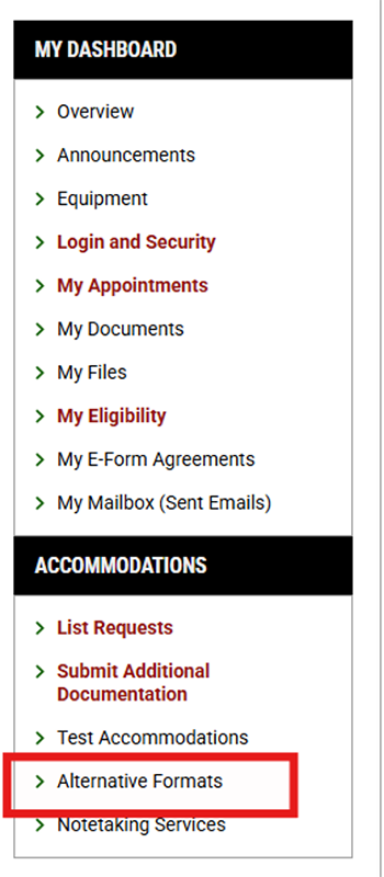 Screenshot of left menu in DSS Portal dashboard with 'Alternative Formats' outlined in red