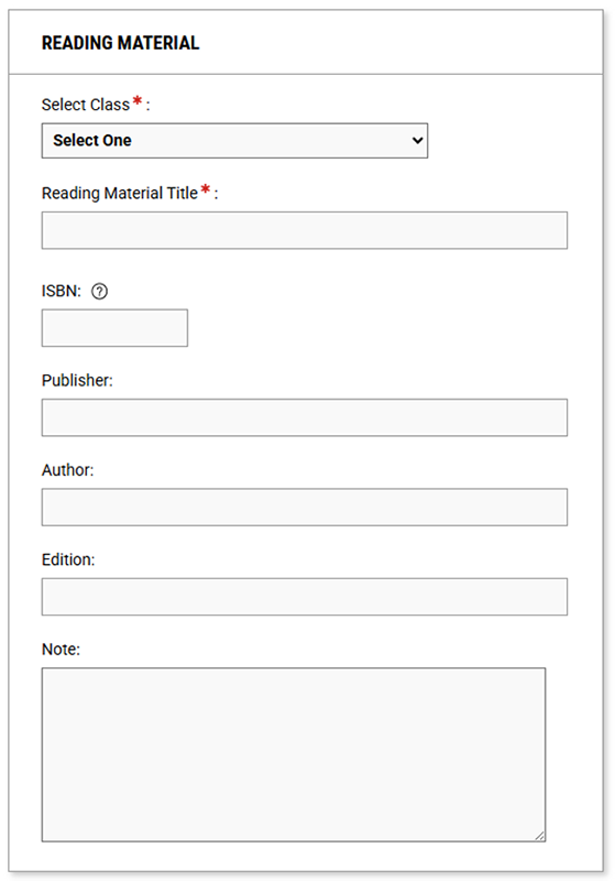 Screenshot of Reading Material form fields in DSS Portal