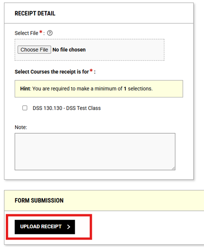 Screenshot of DSS Portal Receipt Detail with 'Upload Receipt' button