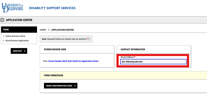 Screenshot of DSS Portal Application Center screen with Email Address form field highlighted on the right