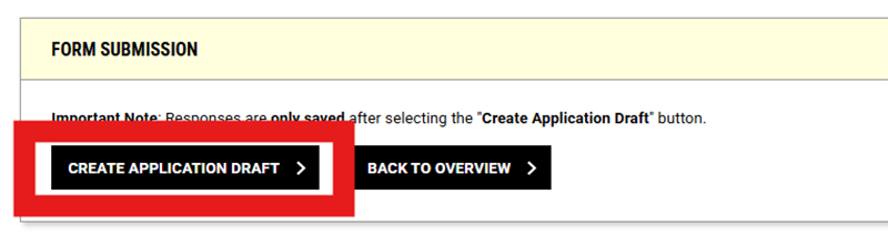 Screenshot of Form Submission options with 'Create Application Draft' button outlined in red