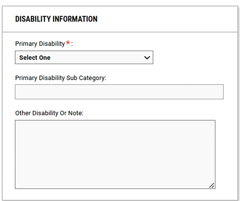 Screenshot of Disability Information fields in DSS Portal