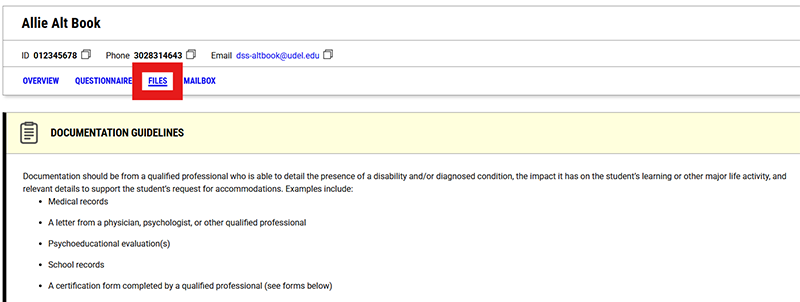 Screenshot of Application screen with 'Files' link outlined in red