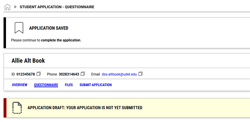 Screenshot of Application Saved But Not Submitted message