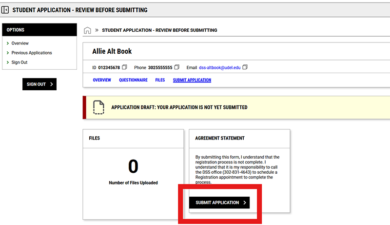 Screenshot of Application Review screen in DSS Portal with 'Submit Application' button outlined in red on lower right