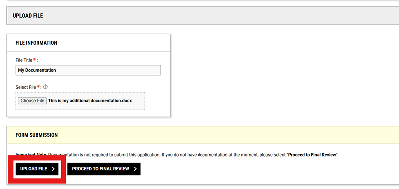 Screenshot of DSS Portal with 'Upload File' button outlined in red on lower left