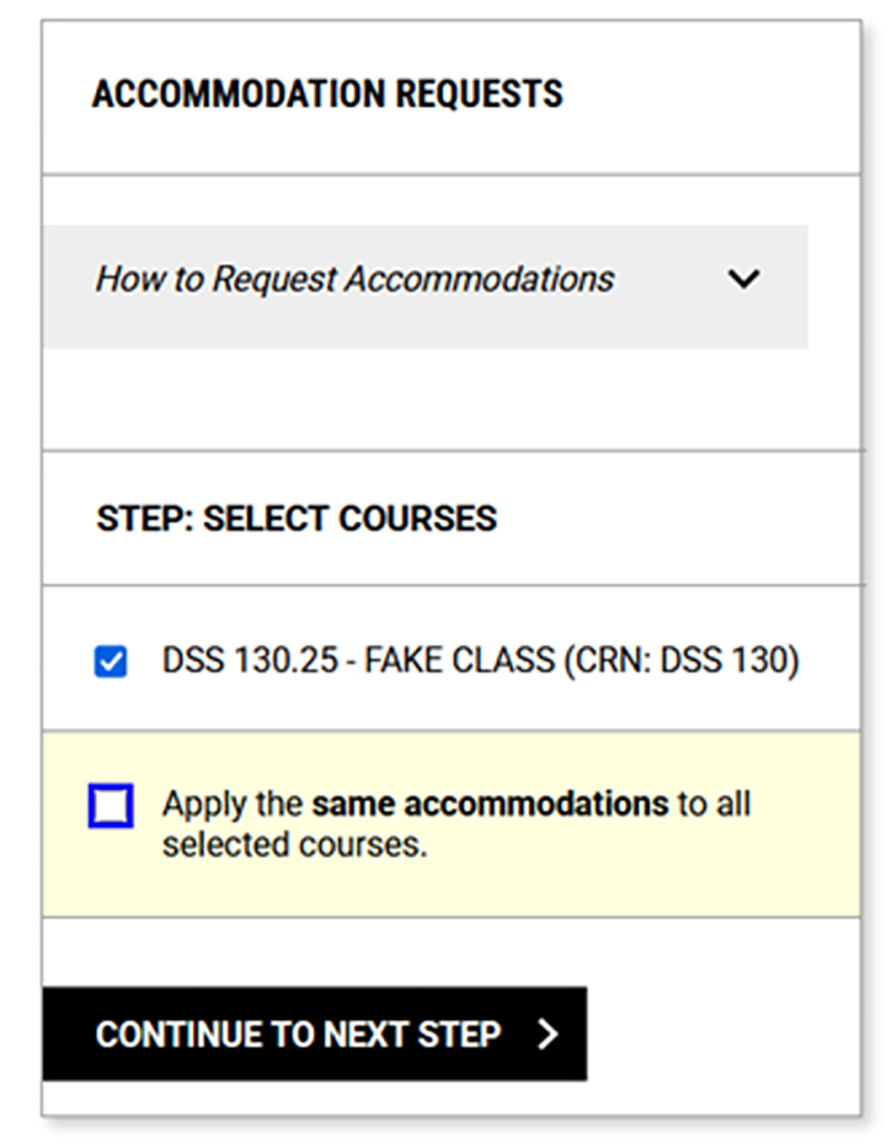 Screenshot of DSS Portal with checkbox selection for enrolled courses