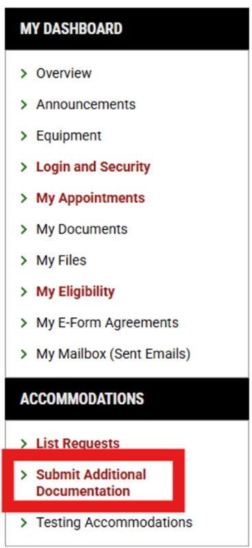 screenshot of DSS portal dashboard menu with 'Submit Additional Documentation' outlined in red