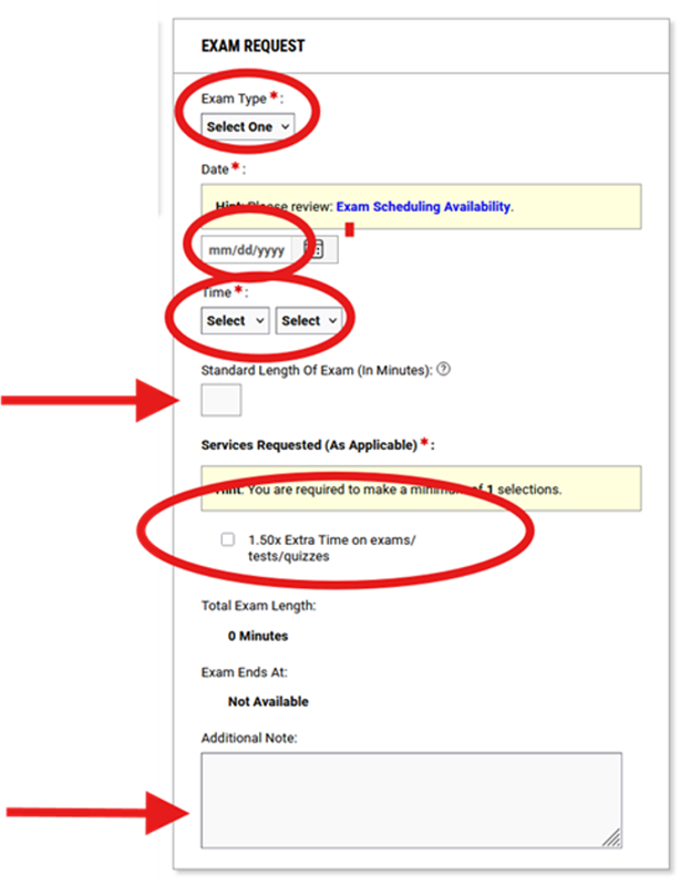 Screenshot of Exam Request form fields in DSS portal with required items circled in red