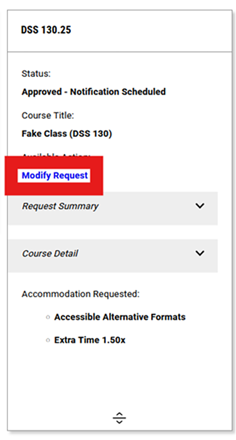 Screenshot of DSS Portal with blue 'Modify Request' link outlined in red