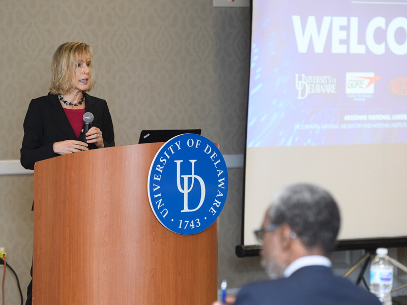 Kristi Kiick, deputy dean of UD's College of Engineering and Blue and Gold Distinguished Professor of materials science and engineering welcomes people to the Argonne partnership signing.