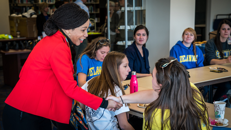 U.S. Rep. Lisa Blunt Rochester met with University of Delaware students when she toured the wind turbine on the Hugh R. Sharp campus in Lewes on Wednesday, Oct. 18.