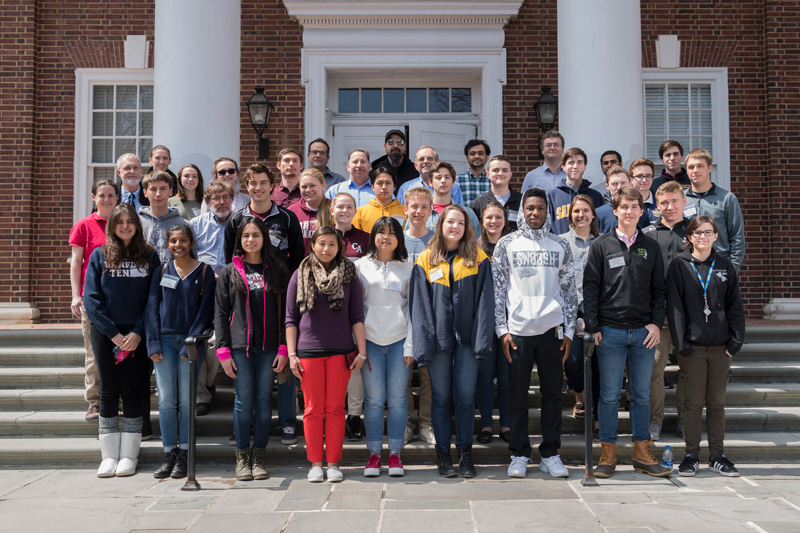 The 2018 IceCube Masterclass on the step of Sharp Laboratory on UD’s Newark campus.
