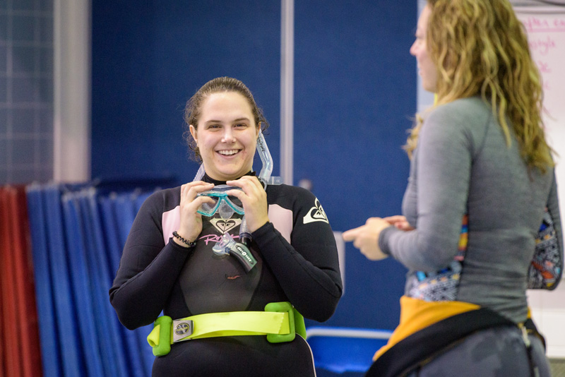 UD student Cathleen Fuller (left) and diving instructor Kelly Donnelly during scuba diving class at the Carpenter Sports Building