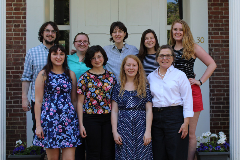 In front of the Amstel House in New Castle are (front, from left) Hannah Rosato, Amy Ciminnisi, Savannah Kruguer and Prof. Katherine Grier and (back, from left) Elliott Henry, Sara McNamara, Tess Frydman, Emily McKeon and Carolanne Deal.