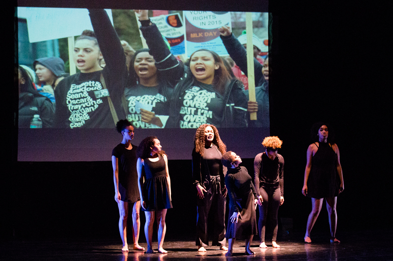 In the piece "Visible Force," performers (from left) Melissa Jones, April Singleton, Rachel DeLauder, Ikira Peace, Amber Rance and Dianna Ruberto highlight women's leadership in causes of social justice.
