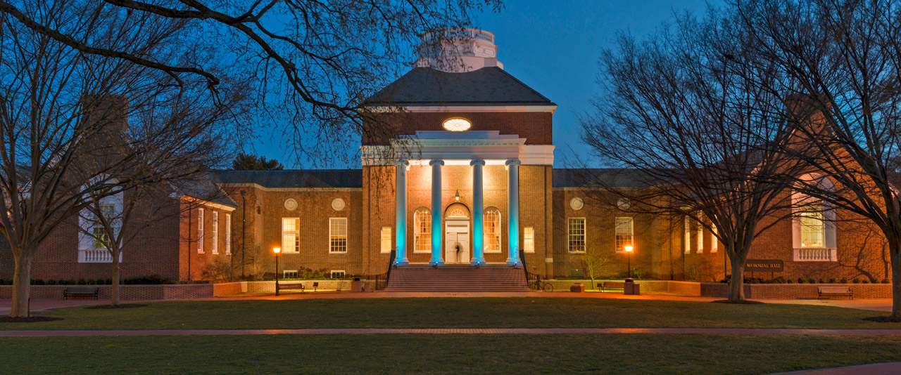 Memorial Hall at dusk. 