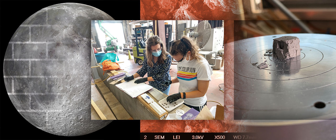 Composite image of the moon, researchers and a block of test cement to illustrate research around cement for use on the moon
