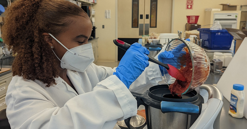 Tankard completes benchtop work to create innovative sauces toward her summer project in the Kraft Heinz Research and Development Office in Glenview, Illinois.