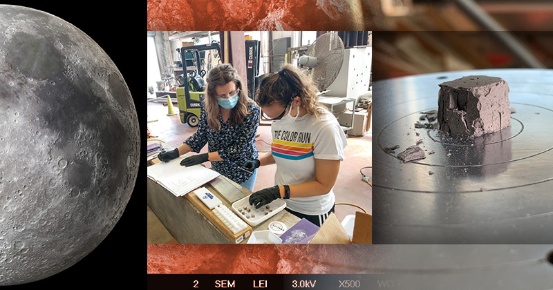 The image is a compilation of photos, including the moon, two researchers and a block of cement to illustrate a story about creating cement for use on the moon and Mars