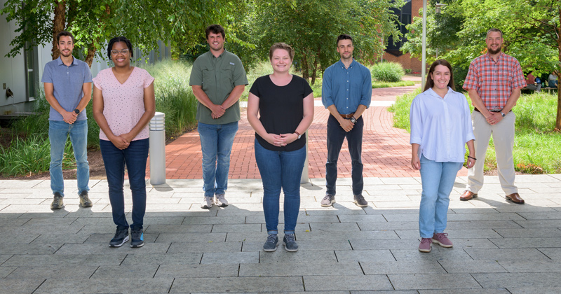 The newest class of Delaware Environmental Institute (DENIN) Fellows includes, from left to right, Sean Fettrow, Vanessa Richards, Max Huffman, Lauren O’Connor, Hayden Boettcher, Paula Cardenas-Hernandez and Andrew Hill. Not pictured: Mary Hingst.