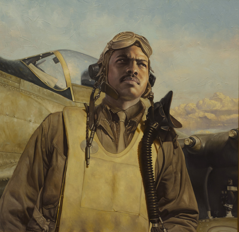 Artist Chris Hopkins created this 2012 oil on panel, “Flyer of the 332nd,” part of the Tuskegee Airmen Series for the Air Force Art Program.