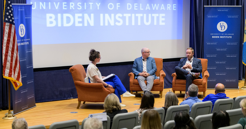 The Biden Institute hosted Christopher (right) and Erik Ewers, co-directors of the documentary film “Ken Burns Presents Hiding in Plain Sight: Youth Mental Illness,” for a discussion at Trabant University Center on the University of Delaware campus in Newark. The discussion was moderated by Helen Ann Lawless (left), director of strategic wellbeing and training at UD.