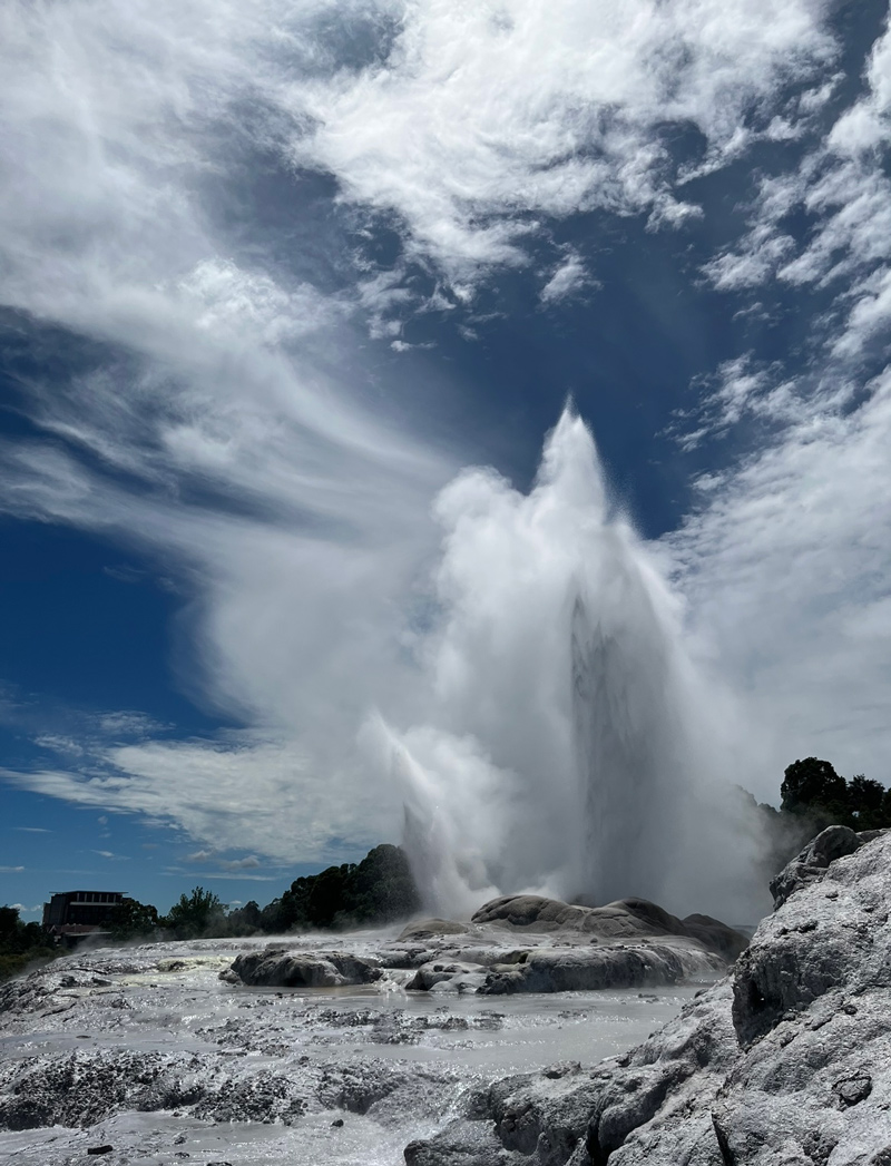 In “Boiling Up,” senior Alyssa Bergstrom documents the geothermal geysers of Whakarewarewa Reserve in Rotorua, New Zealand as they peak at scorching temperatures.The Winter 2023 Happiness and Wellbeing study abroad program in New Zealand was led by Professor Tracey Holden, and was life-changing and confidence-building according to Bergstrom. 