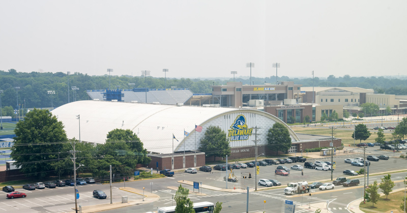 Delaware Field House with smokey haze