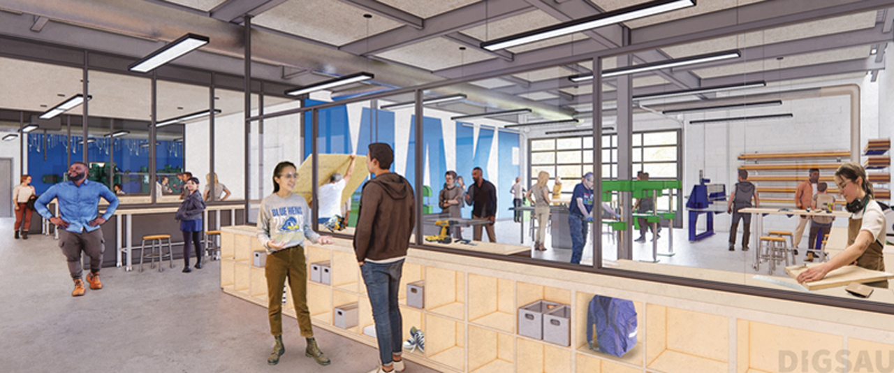 An architectural rendering of students in a workshop with wood working equipment and tables