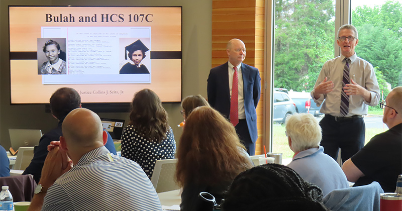 Delaware Chief Justice Collins J. Seitz, Jr. and Fran O’Malley led an interactive lesson on the Civil Rights Movement in Delaware. This session took place at the historical Hockessin School 107c (HCS #107) located in Hockessin, Delaware. 