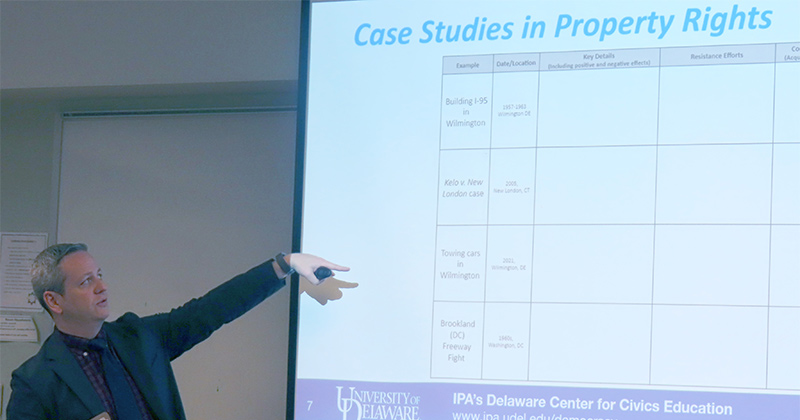 On the fourth and final day of the Democracy Project, Scott Abbott led a new model lesson based on equal property rights for Delaware citizens. This lesson aimed to educate students on the history and impact of unequal property ownership. 